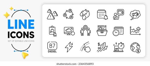 Global business, Swipe up and Teamwork line icons set for app include Wallet, Attention, Inspect outline thin icon. Seo analysis, Calendar, Diesel pictogram icon. Calendar time. Vector