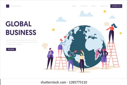 Global Business Team Character Landing Page. Corporate Businessman Work At World Globe With Ladder. Worldwide Logistic Success Contract Concept For Website Or Web Page Flat Cartoon Vector Illustration