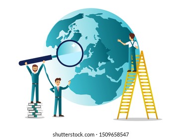 Global Business Team Character Landing Page. Corporate Businessman Work at World Globe with Ladder. Vector Illustration.