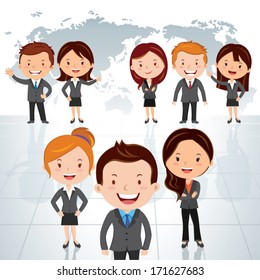 Global business team. Vector illustration of a group of successful businessman and business women standing against world map background.