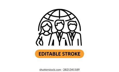 Global business teamwork icon with three professional figures standing in front of a globe isolated on white background representing collaboration, partnership, leadership, and international concepts