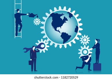 Global business teamwork. People colleagues, partners working together to change the world, business team concept. Eps 10 Vector illustration, horizontal Minimalist white blue flat modern design.