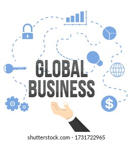 texto de negocios global mantenido a mano rodeado de iconos de negocios y blanco en segundo plano