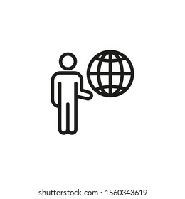 Global business thin line icon. Man showing globe or planet sphere isolated outline sign. Business cooperation and communication concept. Vector illustration symbol element for web design and apps