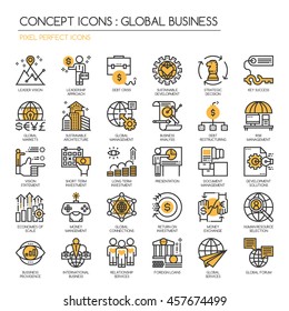 Negocios globales, Iconos perfectos en línea delgada y en píxeles