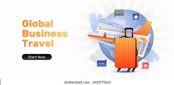 Global business travel banner template with orange suitcase and airplane. Vector template of travel or bisiness travel, vacation or journey. Horizontal on white background.