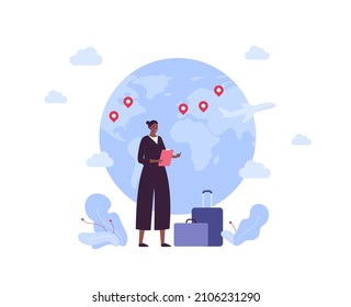 Global business travel concept. Vector flat people illustration. African businesswoman hold tablet with pen and baggage on planet earth with map pin background.