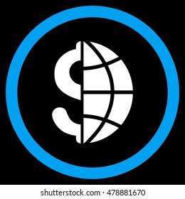 Global Business vector bicolor rounded icon. Image style is a flat icon symbol inside a circle, blue and white colors, black background.