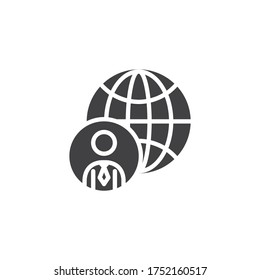 Global business vector icon. filled flat sign for mobile concept and web design. Businessman and globe glyph icon. Symbol, logo illustration. Vector graphics