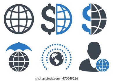 Global Business vector icons. Icon style is bicolor smooth blue flat symbols with rounded angles on a white background.