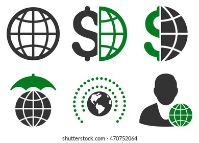 Global Business vector icons. Pictogram style is bicolor green and gray flat icons with rounded angles on a white background.