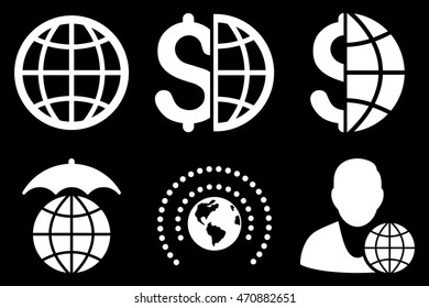 Global Business vector icons. Pictogram style is white flat icons with rounded angles on a black background.