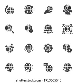 Global business vector icons set, modern solid symbol collection, filled style pictogram pack. Signs logo illustration. Set includes icons - outsourcing, deal agreement, business strategy, world globe