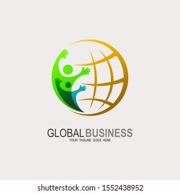 Global Business vector logo design template, Illustration with people silhouette and globe symbol. social network, partnership, teamwork.