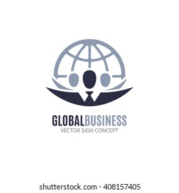Global Business vector logo design template. Illustration with people silhouette and globe symbol. This logo could be used for successful businesses and service, social network, partnership, teamwork.