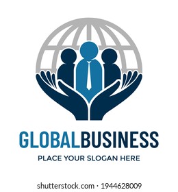 Global Business Vector Logo Template. This Design Use Hand And World Symbol. Suitable For Job.