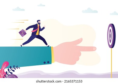 Global business vision. Businessman runs towards his goal. Successful hitting target. Mentor points right way. Big helping hand shows direction of development and strategy. Flat vector illustration