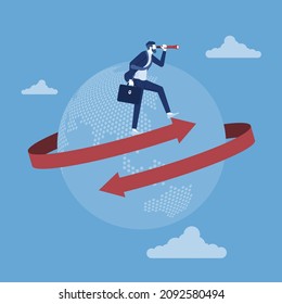 Global business vision, businessman standing on arrow around earth using telescope for vision or future opportunity
