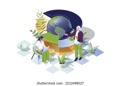 Global business web concept in 3d isometric design. People working in international company. Businesswoman discuss expansion strategy on globe and develop marketing strategy. Vector web illustration.