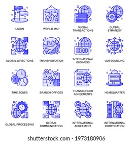 Global Business web flat line icons set. Pack outline pictogram of union, international corporations, agreement, communication concept. Vector illustration of symbols for website mobile app design