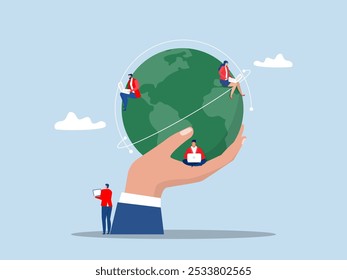 Negocios globales, trabajo desde cualquier parte del mundo, gente de negocios sentada alrededor del mapa del mundo en el mundo trabajando con computadora en línea, ilustración vectorial plana