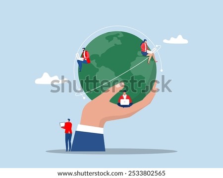 Global business ,Work from anywhere around the world,Business people sitting around world map on globe working with online computer, flat vectore illustration