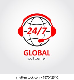 Global call center flat style logo. Customer support help desk icon. 24 hours hot line communication emblem.  Assistant operator phoning badge. Concept design. Vector sign.