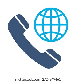 Global call icon blue flat vector design telephone globe symbol international communication network world graphic element sign