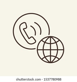 Global call line icon. Planet, handset, signal. Communication service concept. Vector illustration can be used for topics like communication, telephony, voice connection