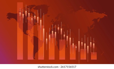 Global candlestick chart over world map illustrates synchronized market downfall. Sharp decline in international finance and worsening economic conditions. Concept of crisis. Vector illustration