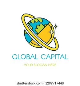 Global capital vector logo design. Cartoon planet, Earth. Flat finance, banking company logotype