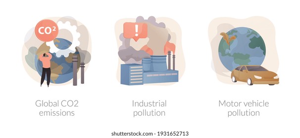 Global carbon footprint abstract concept vector illustration set. Global CO2 emissions, industrial pollution, motor vehicle emission reduction, greenhouse effect, transportation abstract metaphor.