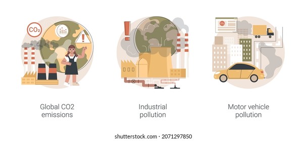 Global carbon footprint abstract concept vector illustration set. Global CO2 emissions, industrial pollution, motor vehicle emission reduction, greenhouse effect, transportation abstract metaphor.