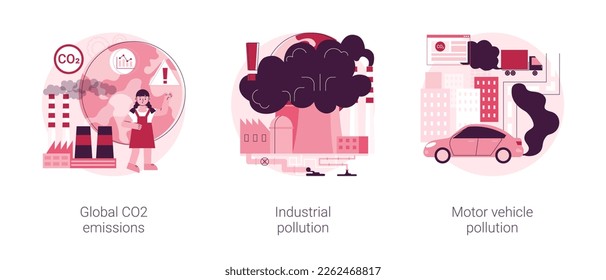 Global carbon footprint abstract concept vector illustration set. Global CO2 emissions, industrial pollution, motor vehicle emission reduction, greenhouse effect, transportation abstract metaphor.