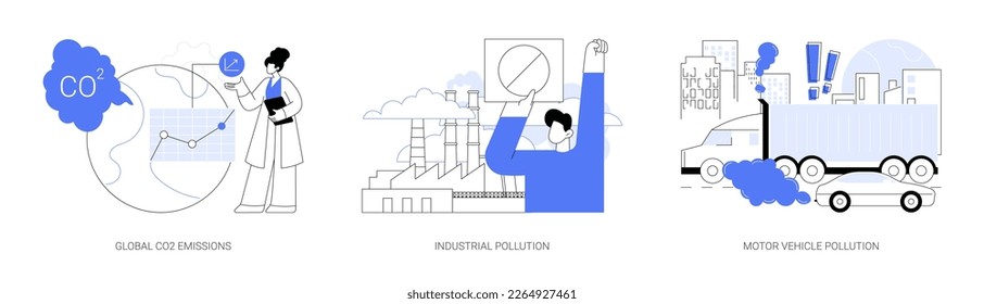 Conjunto de ilustraciones vectoriales abstractas de la huella de carbono global. Emisiones mundiales de CO2, contaminación industrial, reducción de las emisiones de los vehículos de motor, efecto invernadero, metáfora abstracta del transporte.