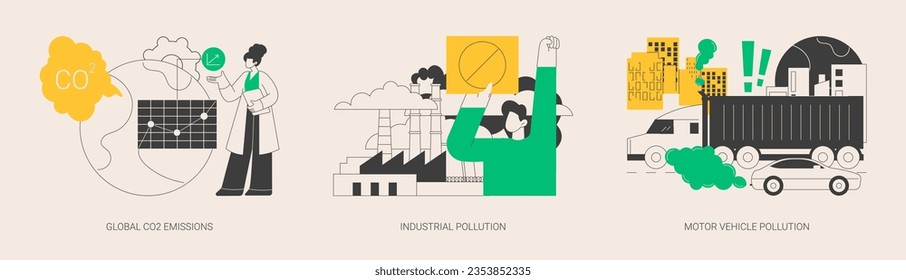 Global carbon footprint abstract concept vector illustration set. Global CO2 emissions, industrial pollution, motor vehicle emission reduction, greenhouse effect, transportation abstract metaphor.