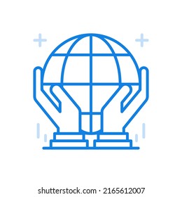 
Global Care For Ecology Vector Line Icon. Hands Raise The Planet With Meridians. Planetary Concern Protection Of Ecology And Environment. Resource Conservation And Waste Processing Technologies.