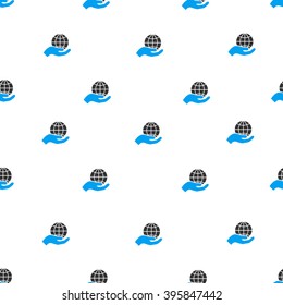 Global Care Hand vector seamless repeatable pattern. Style is flat blue and dark gray global care hand symbols on a white background.