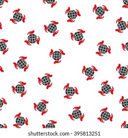 Global Care Hands vector seamless repeatable pattern. Style is flat red and dark gray global care hands symbols on a white background.
