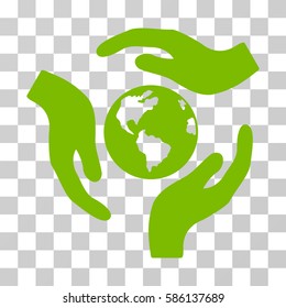 Global Care vector icon. Illustration style is flat iconic eco green symbol on a transparent background.