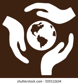 Global Care vector icon. Style is flat symbol, white color, rounded angles, brown background.