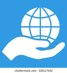 Global Care vector icon. Style is flat symbol, white color, rounded angles, blue background.