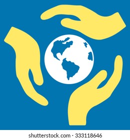Global Care vector icon. Style is bicolor flat symbol, yellow and white colors, rounded angles, blue background.
