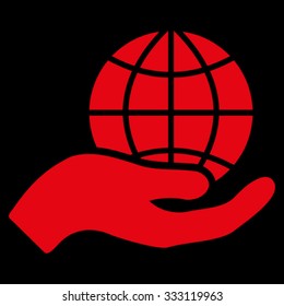 Global Care vector icon. Style is flat symbol, red color, rounded angles, black background.