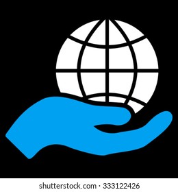 Global Care vector icon. Style is bicolor flat symbol, blue and white colors, rounded angles, black background.