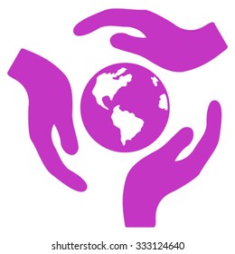 Global Care vector icon. Style is flat symbol, violet color, rounded angles, white background.