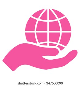 Global Care vector icon. Style is flat symbol, pink color, rounded angles, white background.