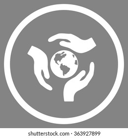 Global Care vector icon. Style is flat circled symbol, white color, rounded angles, gray background.