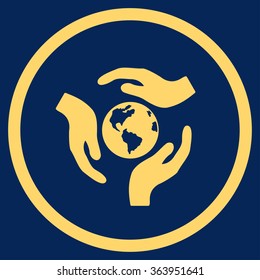 Global Care vector icon. Style is flat circled symbol, yellow color, rounded angles, blue background.