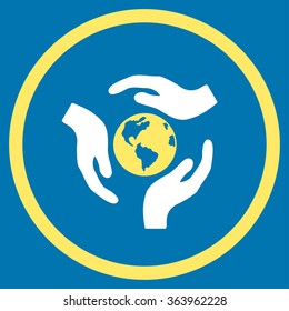 Global Care vector icon. Style is bicolor flat circled symbol, yellow and white colors, rounded angles, blue background.